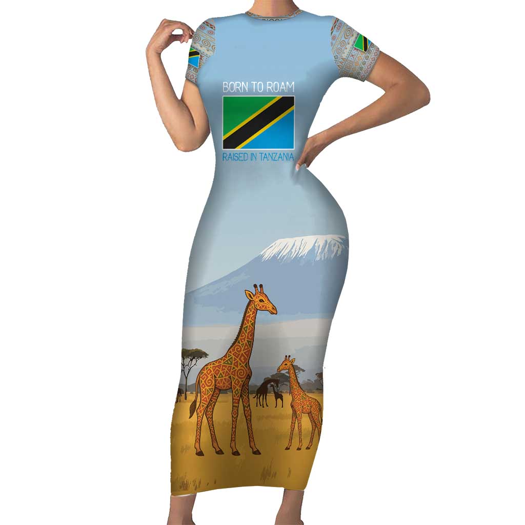 Tanzania Safari Giraffe Short Sleeve Bodycon Dress with Tribal Patterns and Mount Kilimanjaro Scene
