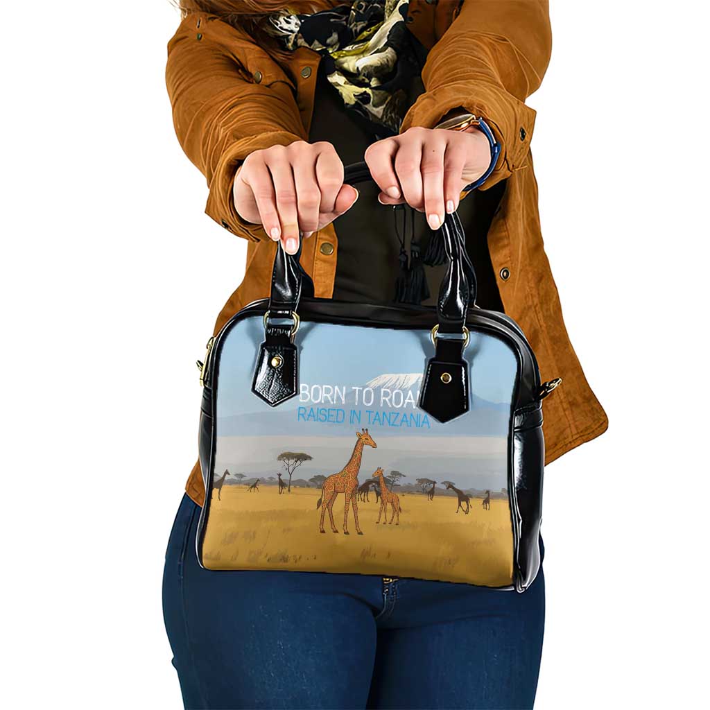 Tanzania Safari Giraffe Shoulder Handbag with Tribal Patterns and Mount Kilimanjaro Scene
