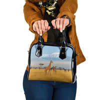 Tanzania Safari Giraffe Shoulder Handbag with Tribal Patterns and Mount Kilimanjaro Scene