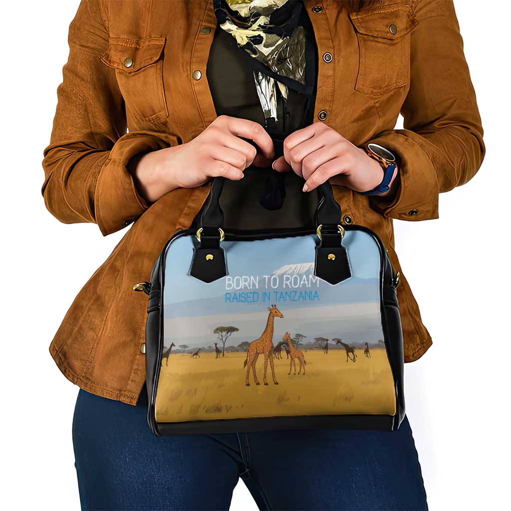 Tanzania Safari Giraffe Shoulder Handbag with Tribal Patterns and Mount Kilimanjaro Scene