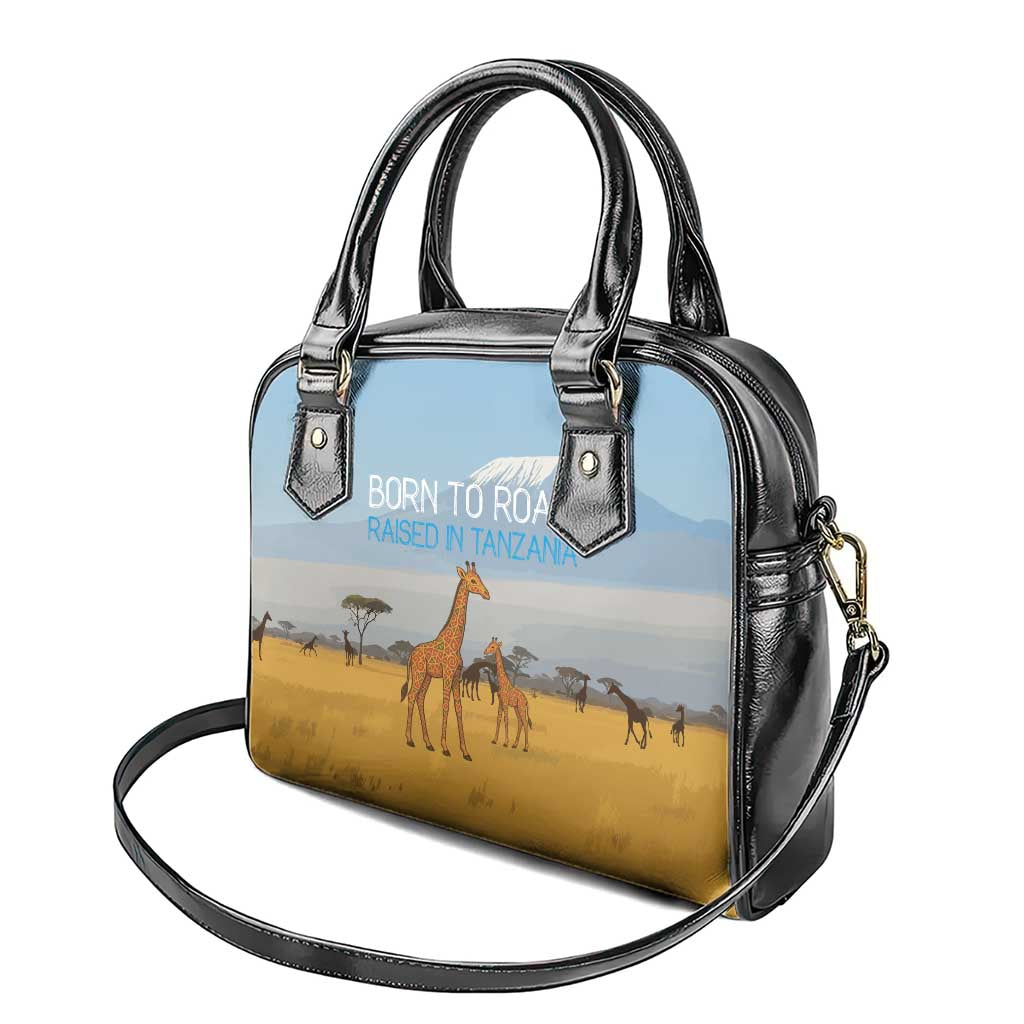 Tanzania Safari Giraffe Shoulder Handbag with Tribal Patterns and Mount Kilimanjaro Scene
