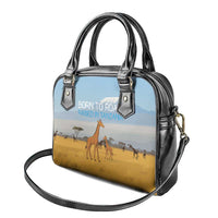 Tanzania Safari Giraffe Shoulder Handbag with Tribal Patterns and Mount Kilimanjaro Scene