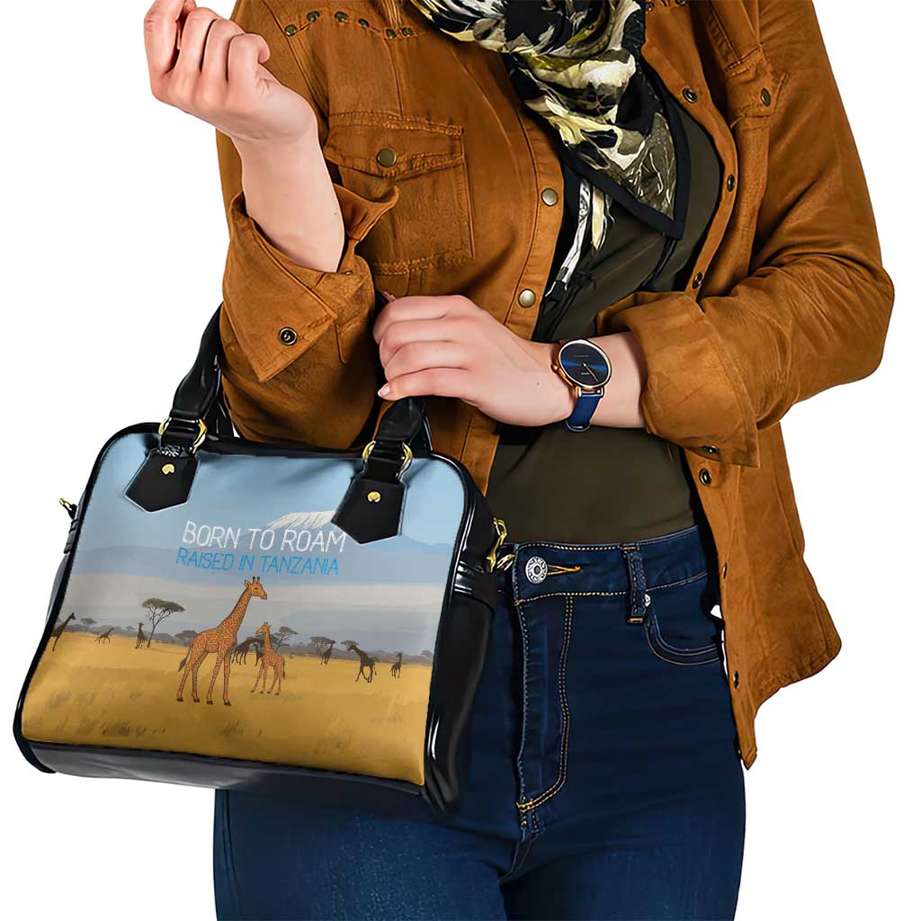 Tanzania Safari Giraffe Shoulder Handbag with Tribal Patterns and Mount Kilimanjaro Scene