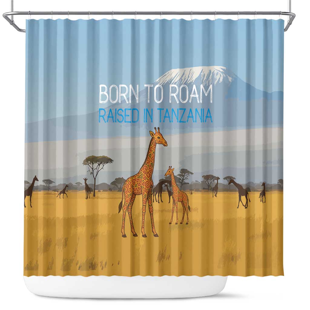 Tanzania Safari Giraffe Shower Curtain with Tribal Patterns and Mount Kilimanjaro Scene