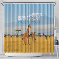 Tanzania Safari Giraffe Shower Curtain with Tribal Patterns and Mount Kilimanjaro Scene