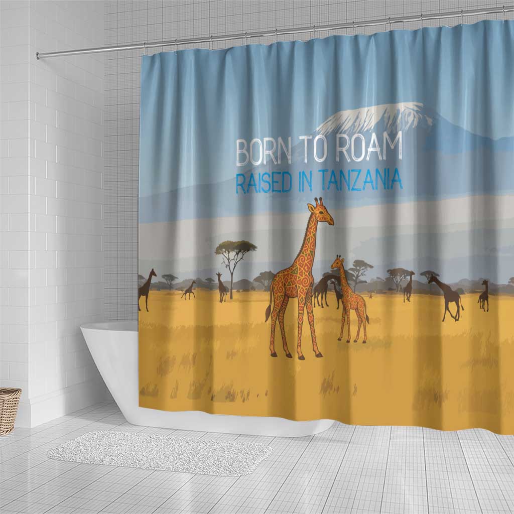Tanzania Safari Giraffe Shower Curtain with Tribal Patterns and Mount Kilimanjaro Scene