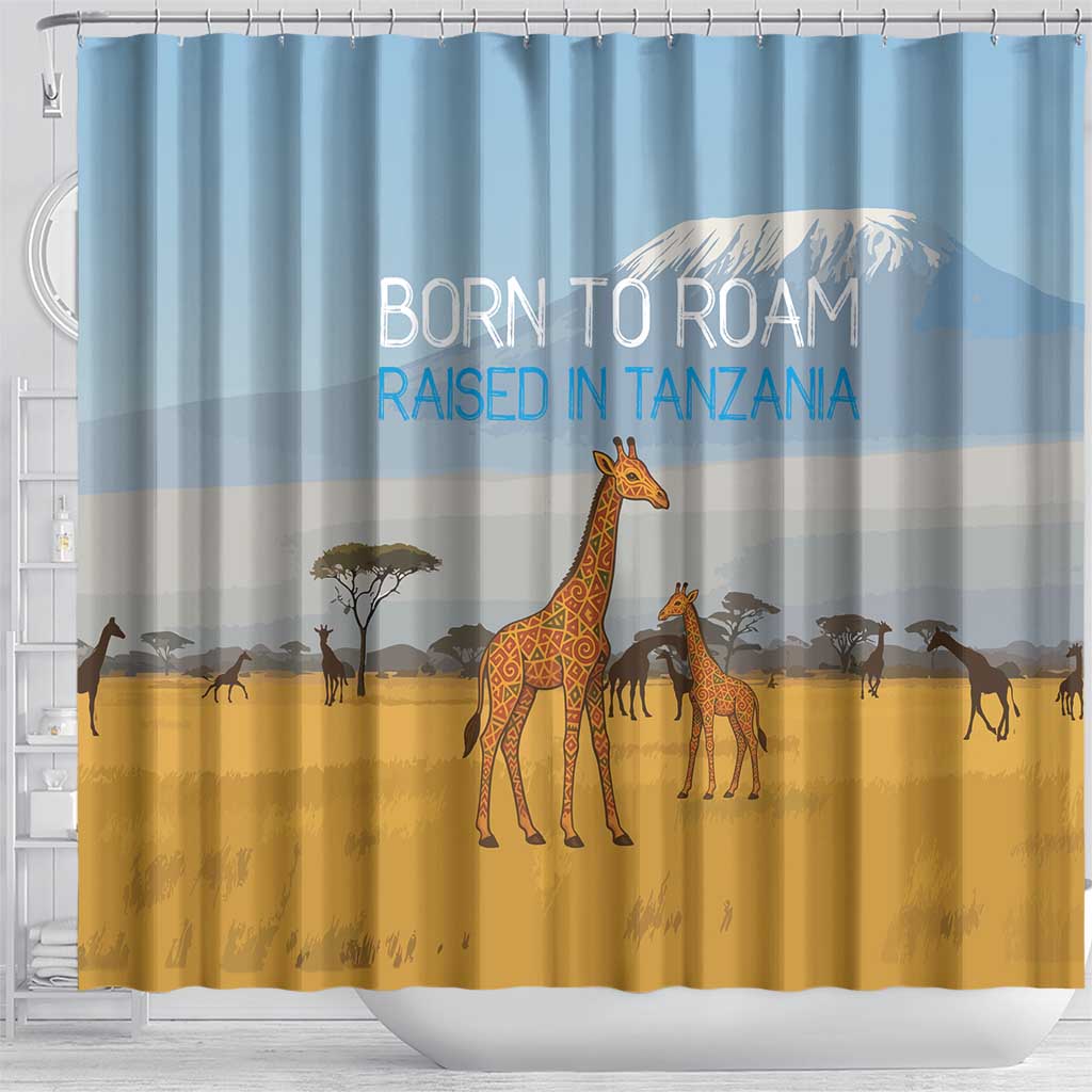 Tanzania Safari Giraffe Shower Curtain with Tribal Patterns and Mount Kilimanjaro Scene