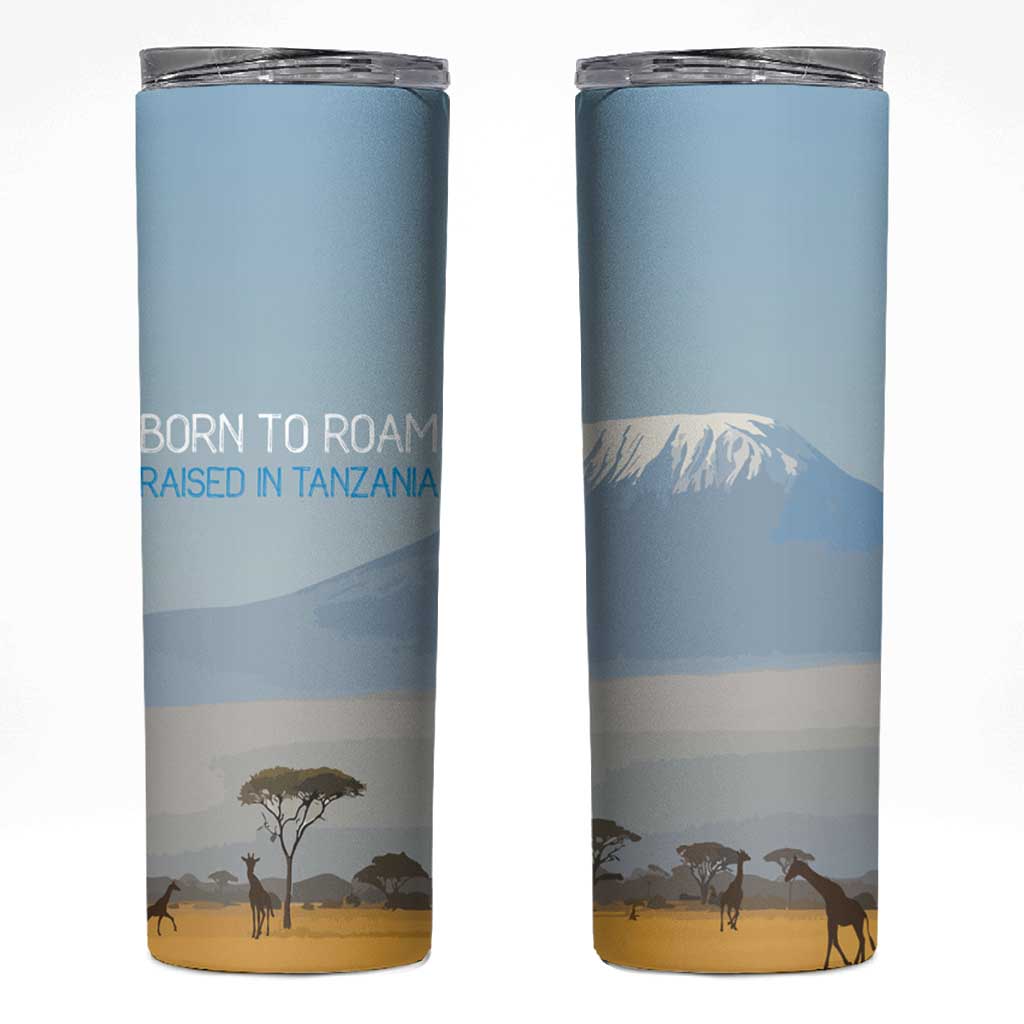 Tanzania Safari Giraffe Skinny Tumbler with Tribal Patterns and Mount Kilimanjaro Scene