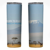 Tanzania Safari Giraffe Skinny Tumbler with Tribal Patterns and Mount Kilimanjaro Scene