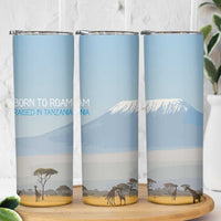 Tanzania Safari Giraffe Skinny Tumbler with Tribal Patterns and Mount Kilimanjaro Scene