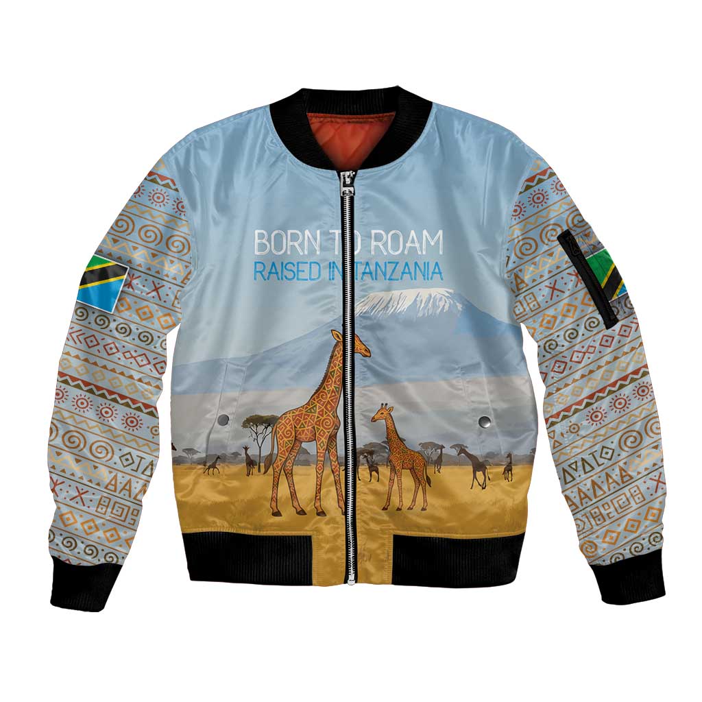 Tanzania Safari Giraffe Sleeve Zip Bomber Jacket with Tribal Patterns and Mount Kilimanjaro Scene