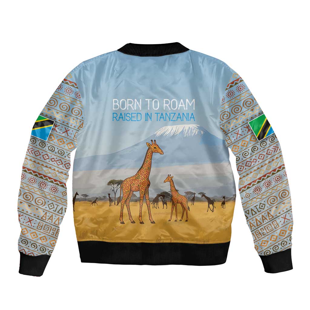 Tanzania Safari Giraffe Sleeve Zip Bomber Jacket with Tribal Patterns and Mount Kilimanjaro Scene