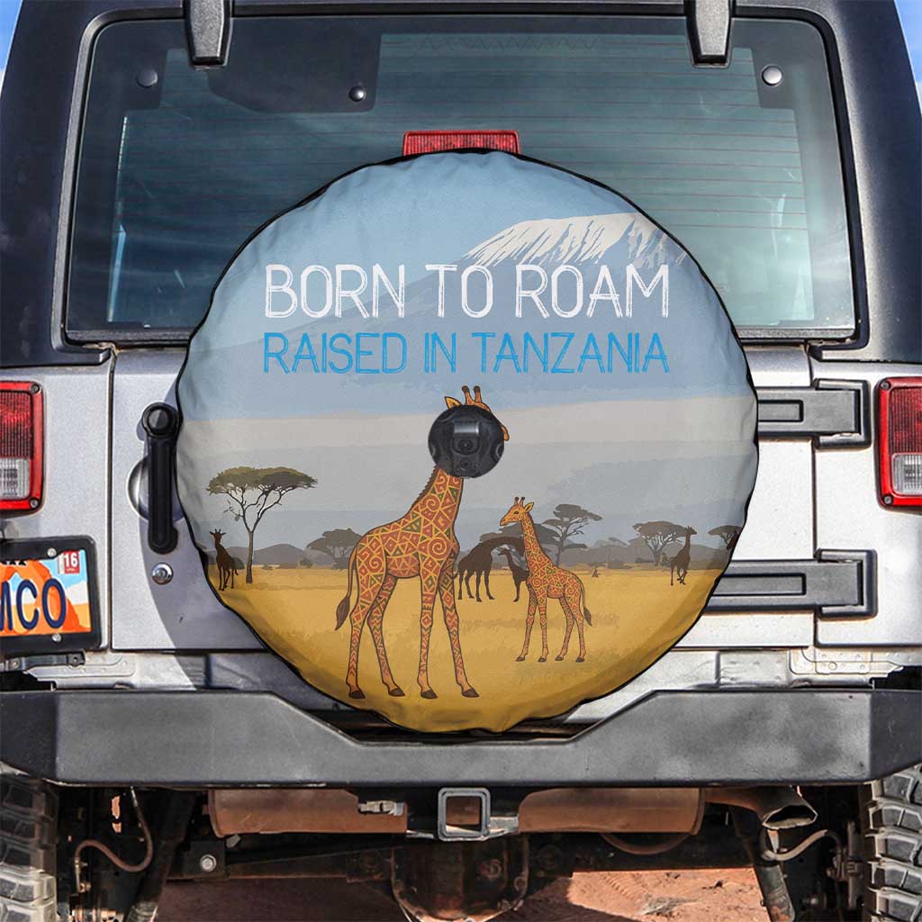 Tanzania Safari Giraffe Spare Tire Cover with Tribal Patterns and Mount Kilimanjaro Scene
