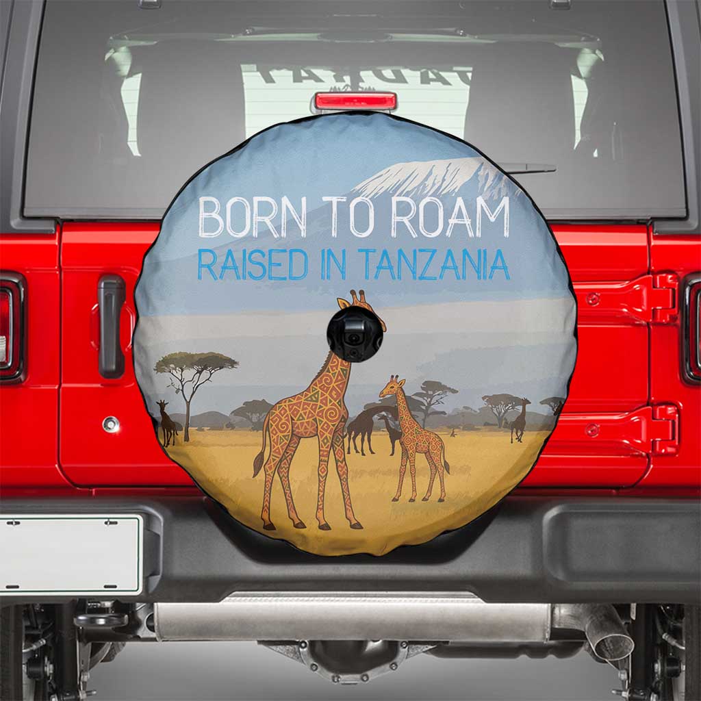 Tanzania Safari Giraffe Spare Tire Cover with Tribal Patterns and Mount Kilimanjaro Scene