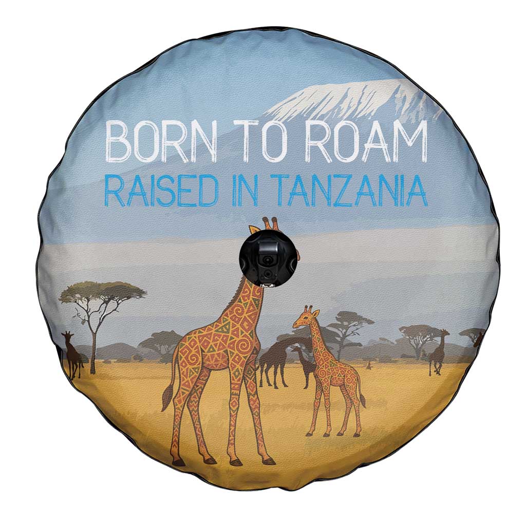 Tanzania Safari Giraffe Spare Tire Cover with Tribal Patterns and Mount Kilimanjaro Scene