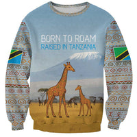 Tanzania Safari Giraffe Sweatshirt with Tribal Patterns and Mount Kilimanjaro Scene