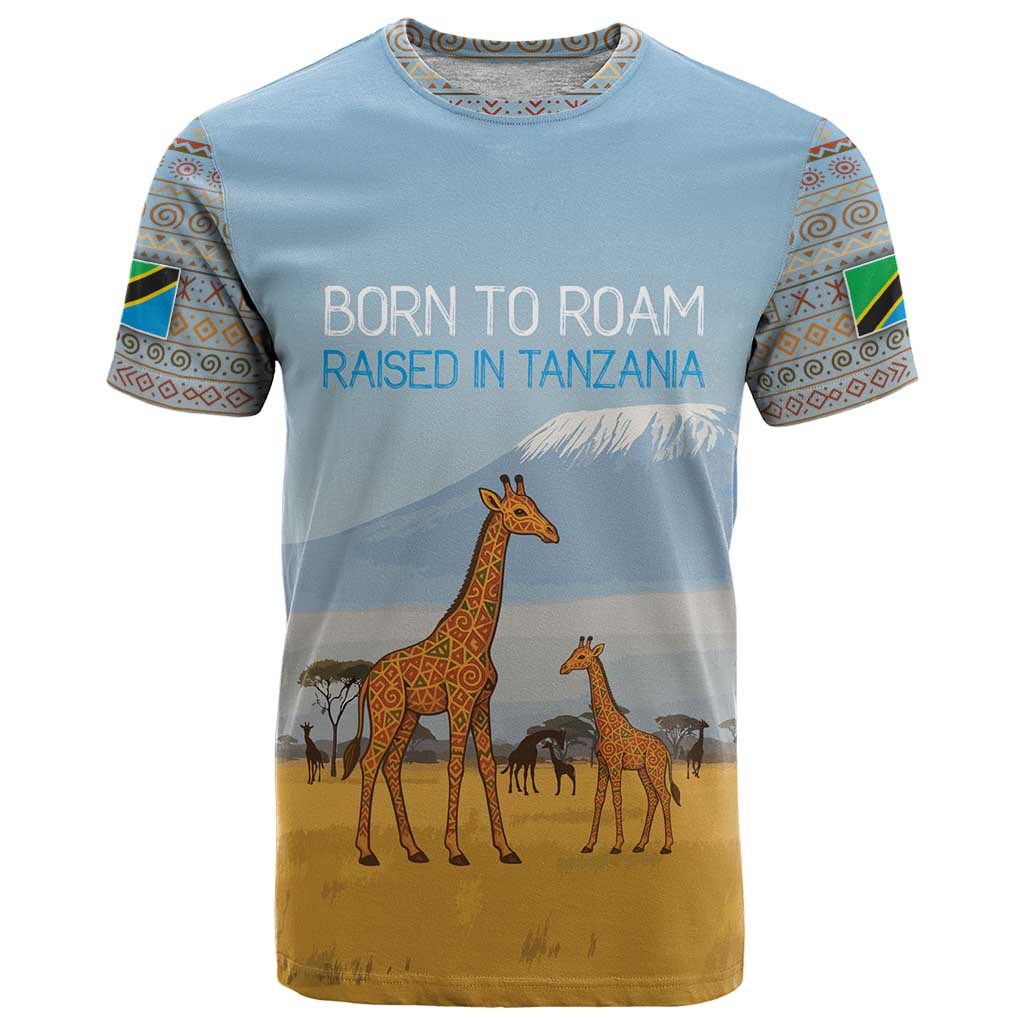 Tanzania Safari Giraffe T Shirt with Tribal Patterns and Mount Kilimanjaro Scene