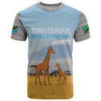 Tanzania Safari Giraffe T Shirt with Tribal Patterns and Mount Kilimanjaro Scene