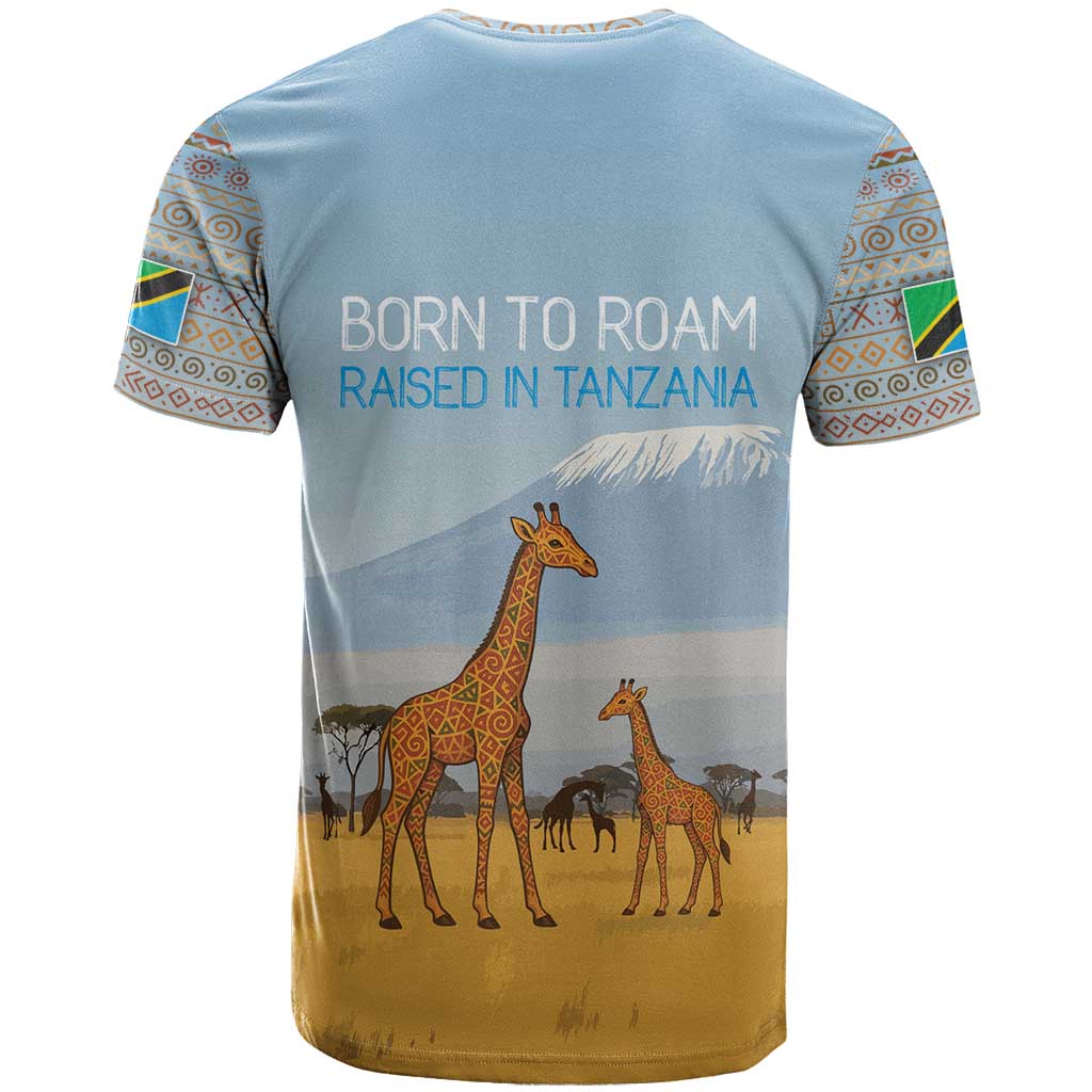 Tanzania Safari Giraffe T Shirt with Tribal Patterns and Mount Kilimanjaro Scene
