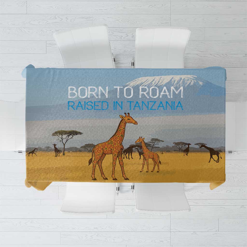 Tanzania Safari Giraffe Tablecloth with Tribal Patterns and Mount Kilimanjaro Scene