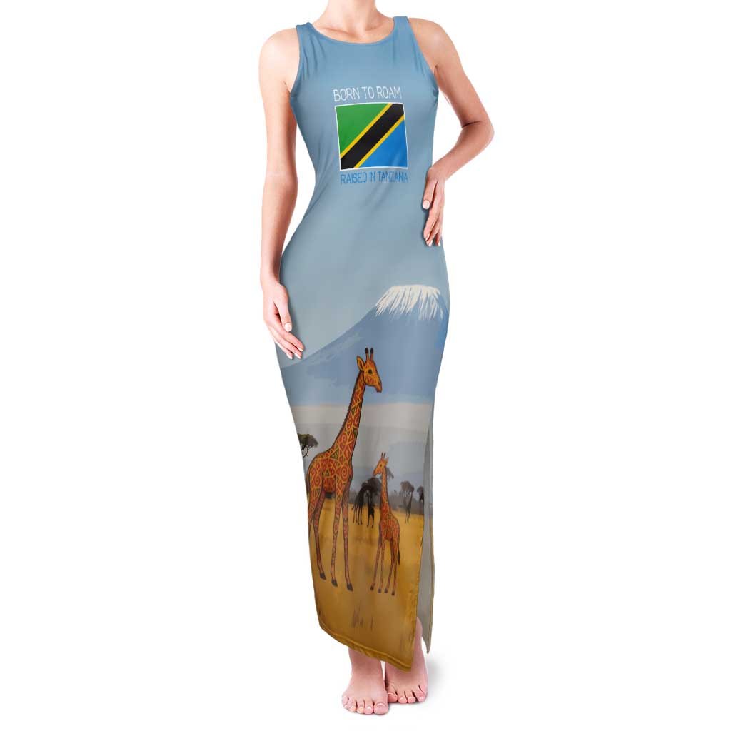 Tanzania Safari Giraffe Tank Maxi Dress with Tribal Patterns and Mount Kilimanjaro Scene