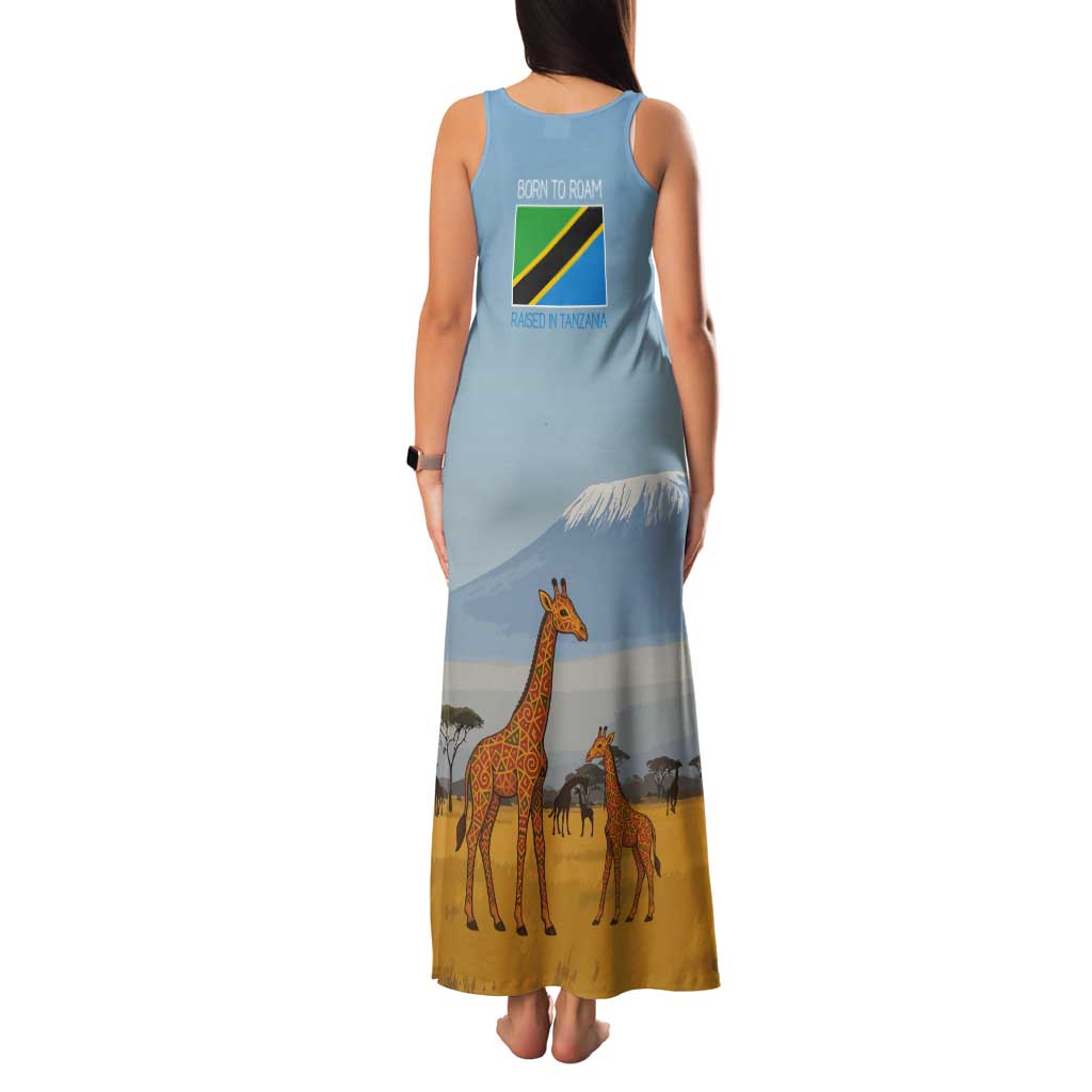 Tanzania Safari Giraffe Tank Maxi Dress with Tribal Patterns and Mount Kilimanjaro Scene