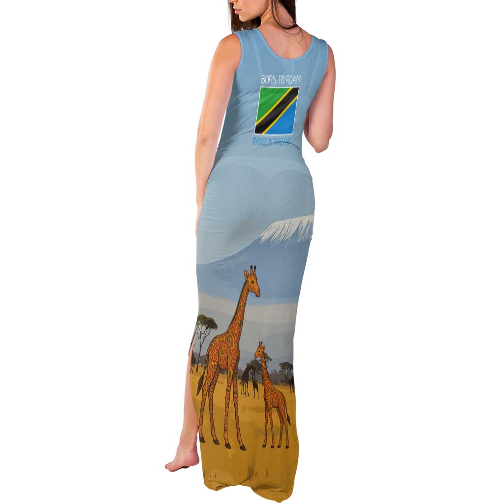 Tanzania Safari Giraffe Tank Maxi Dress with Tribal Patterns and Mount Kilimanjaro Scene