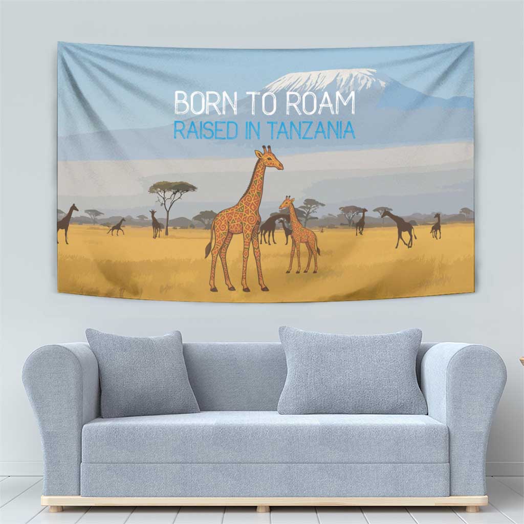 Tanzania Safari Giraffe Tapestry with Tribal Patterns and Mount Kilimanjaro Scene