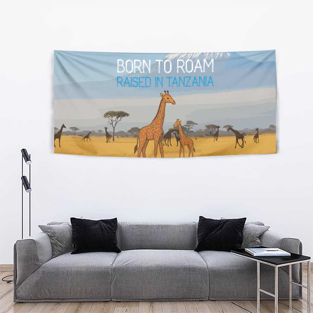 Tanzania Safari Giraffe Tapestry with Tribal Patterns and Mount Kilimanjaro Scene
