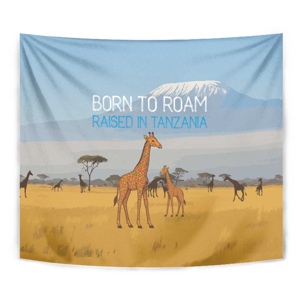 Tanzania Safari Giraffe Tapestry with Tribal Patterns and Mount Kilimanjaro Scene