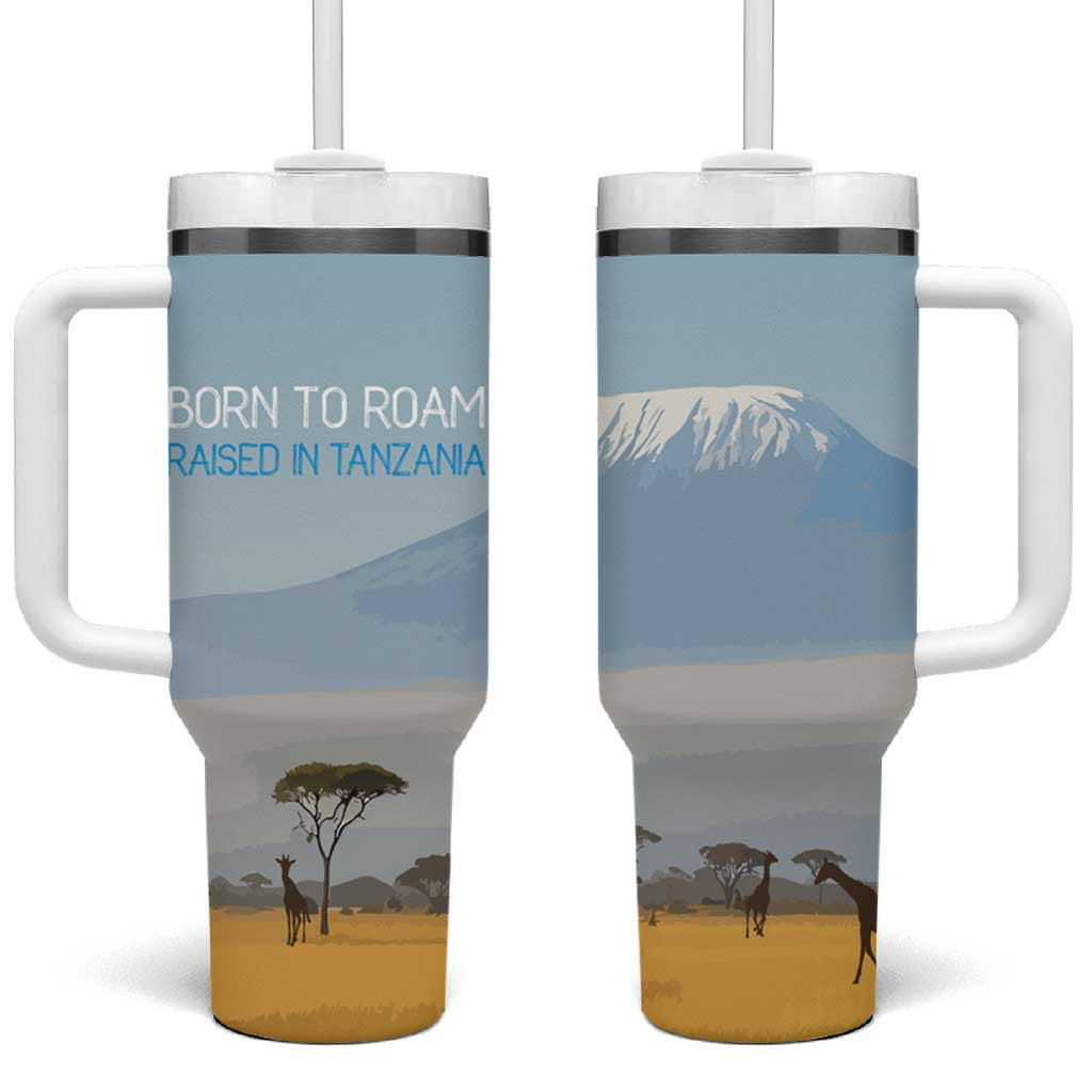Tanzania Safari Giraffe Tumbler With Handle with Tribal Patterns and Mount Kilimanjaro Scene