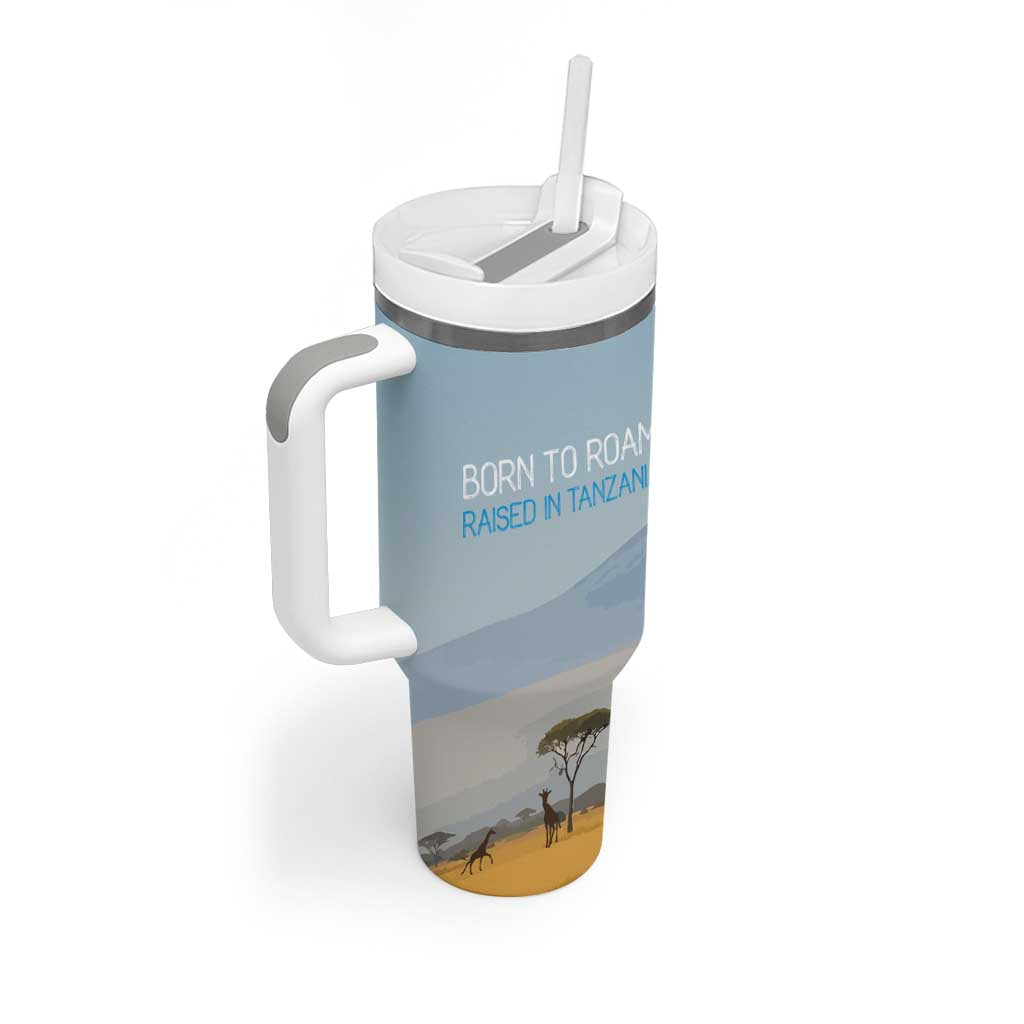 Tanzania Safari Giraffe Tumbler With Handle with Tribal Patterns and Mount Kilimanjaro Scene