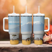 Tanzania Safari Giraffe Tumbler With Handle with Tribal Patterns and Mount Kilimanjaro Scene