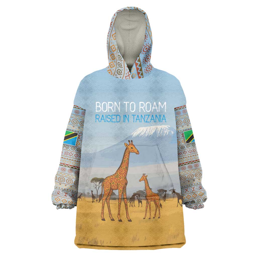 Tanzania Safari Giraffe Wearable Blanket Hoodie with Tribal Patterns and Mount Kilimanjaro Scene