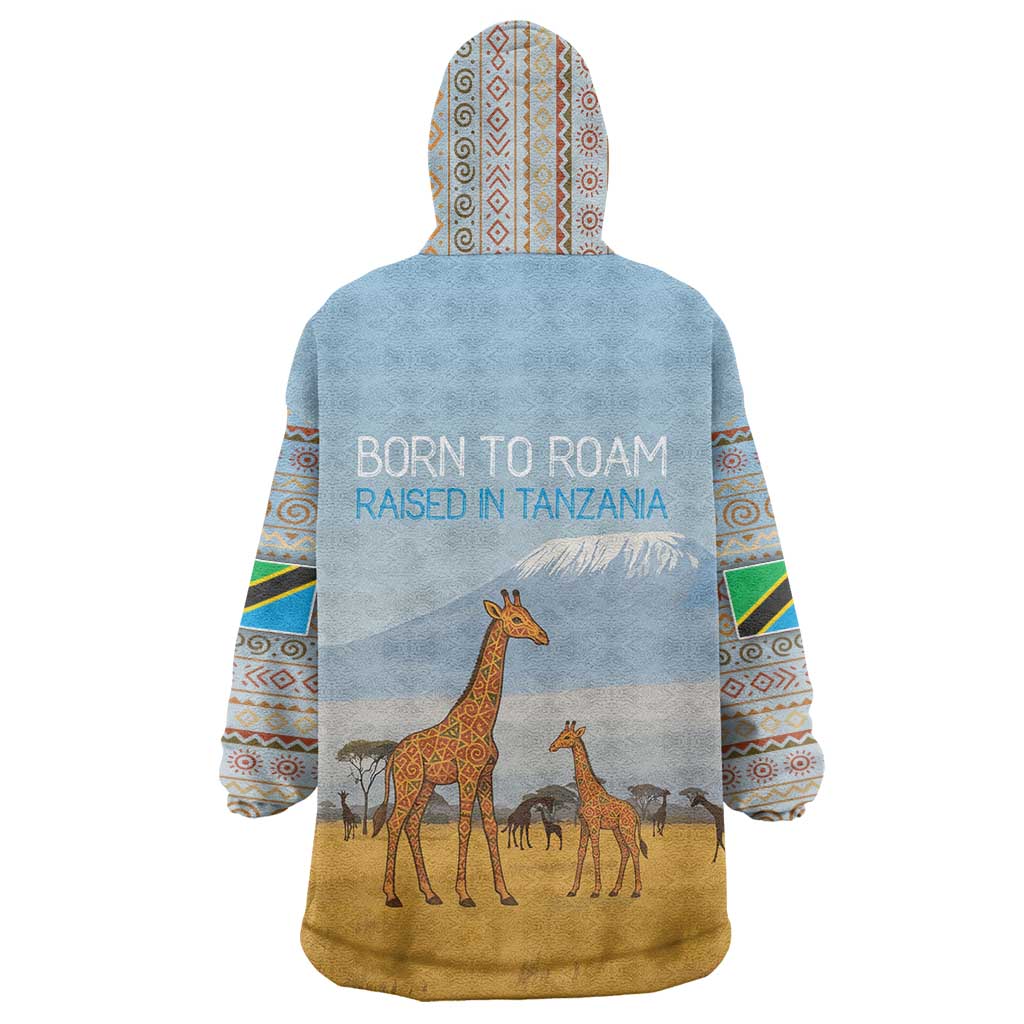 Tanzania Safari Giraffe Wearable Blanket Hoodie with Tribal Patterns and Mount Kilimanjaro Scene