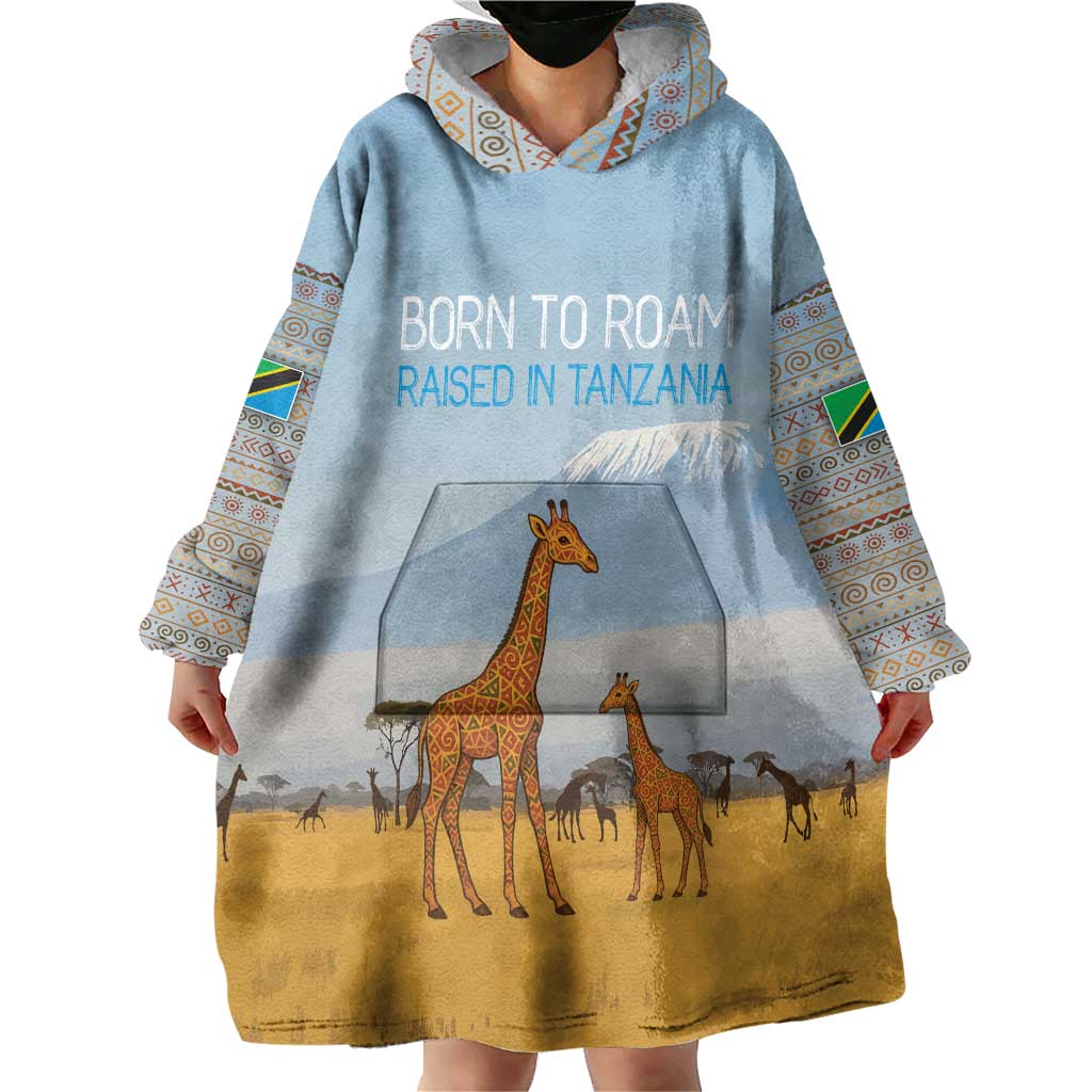 Tanzania Safari Giraffe Wearable Blanket Hoodie with Tribal Patterns and Mount Kilimanjaro Scene