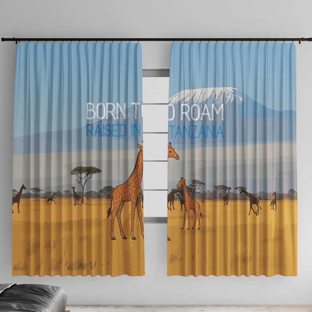 Tanzania Safari Giraffe Window Curtain with Tribal Patterns and Mount Kilimanjaro Scene