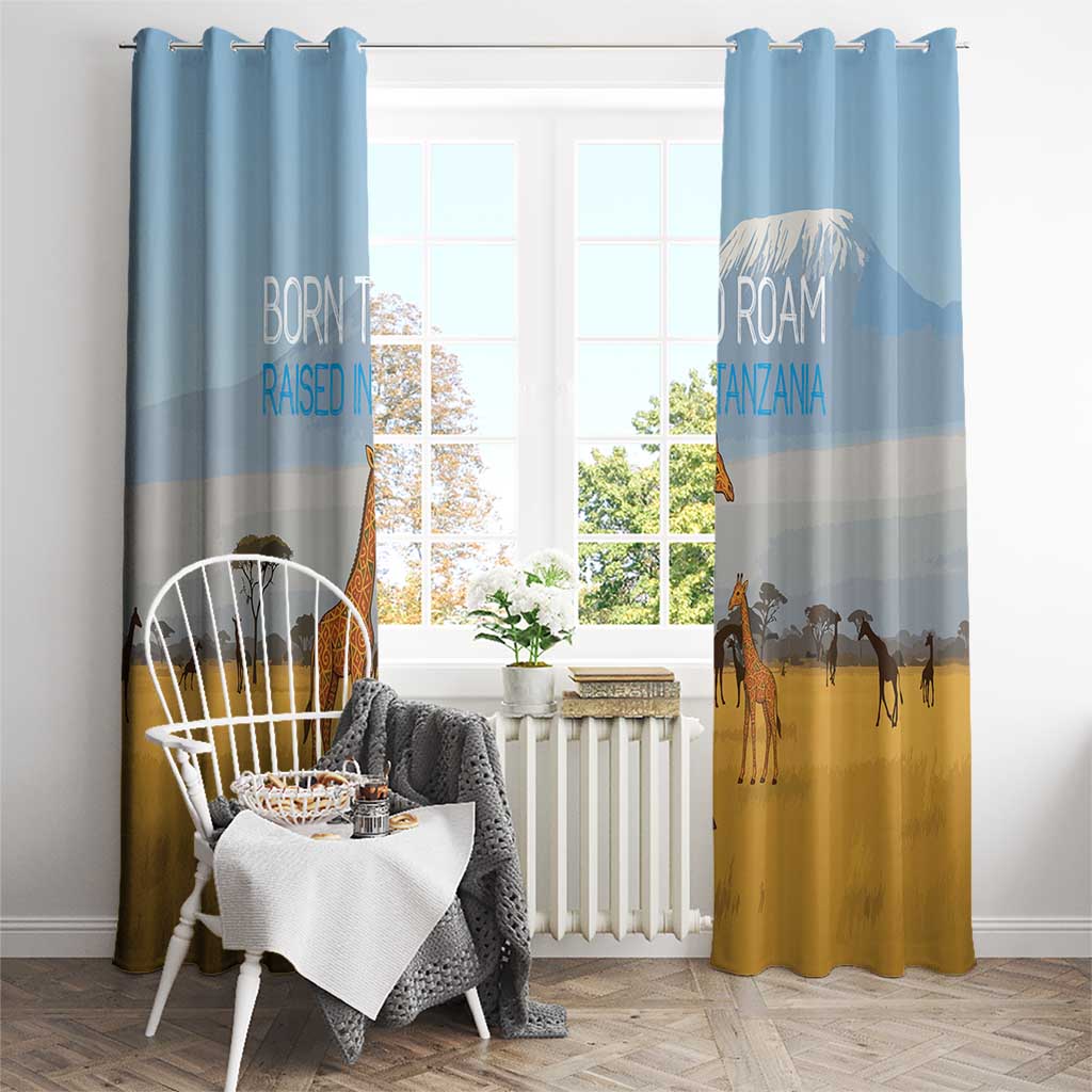 Tanzania Safari Giraffe Window Curtain with Tribal Patterns and Mount Kilimanjaro Scene