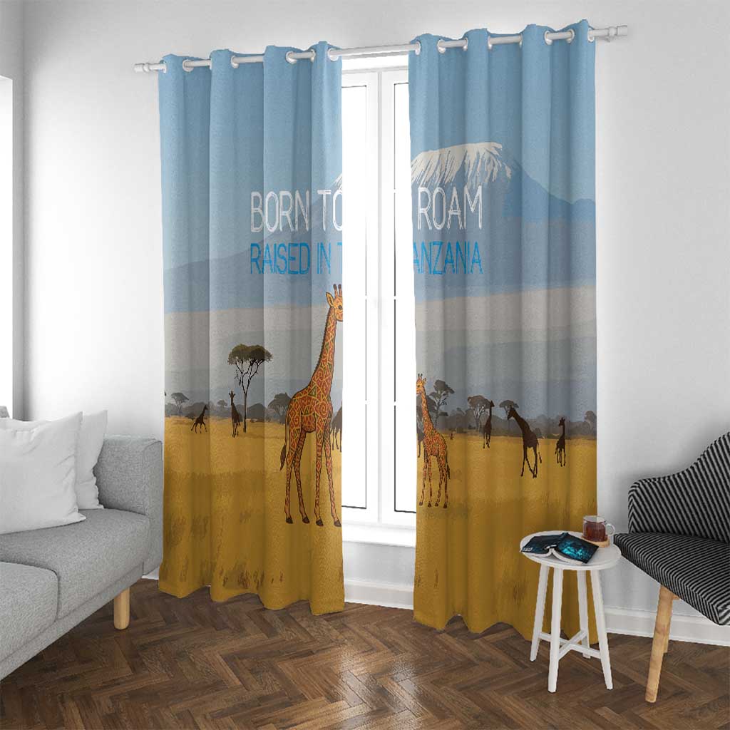 Tanzania Safari Giraffe Window Curtain with Tribal Patterns and Mount Kilimanjaro Scene