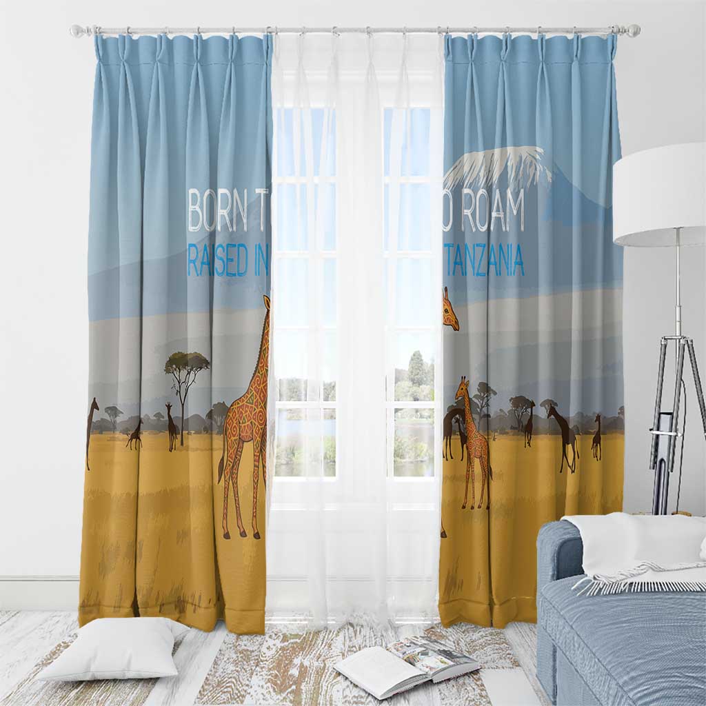 Tanzania Safari Giraffe Window Curtain with Tribal Patterns and Mount Kilimanjaro Scene