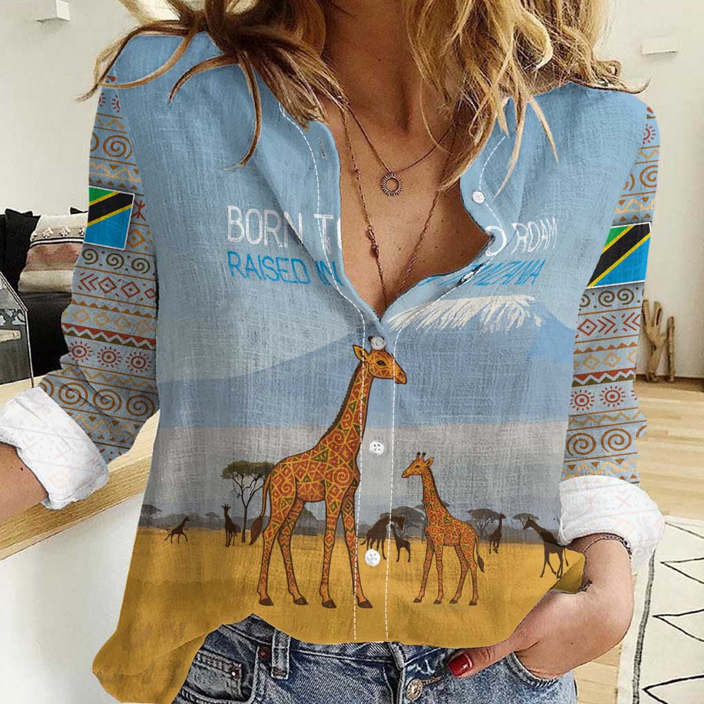 Tanzania Safari Giraffe Women Casual Shirt with Tribal Patterns and Mount Kilimanjaro Scene