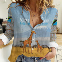 Tanzania Safari Giraffe Women Casual Shirt with Tribal Patterns and Mount Kilimanjaro Scene