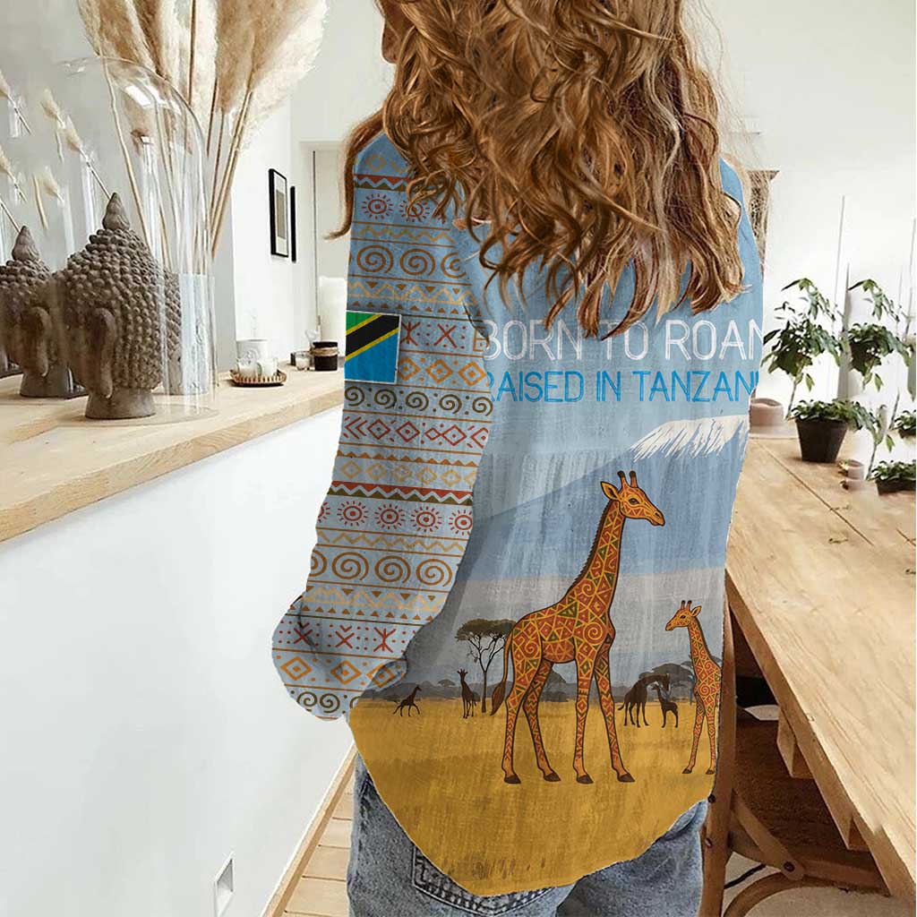 Tanzania Safari Giraffe Women Casual Shirt with Tribal Patterns and Mount Kilimanjaro Scene