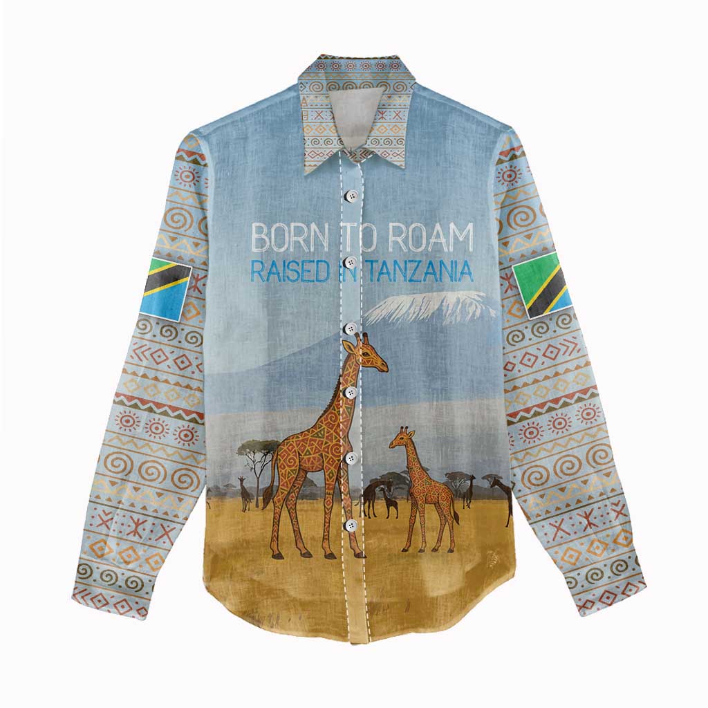 Tanzania Safari Giraffe Women Casual Shirt with Tribal Patterns and Mount Kilimanjaro Scene
