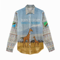 Tanzania Safari Giraffe Women Casual Shirt with Tribal Patterns and Mount Kilimanjaro Scene