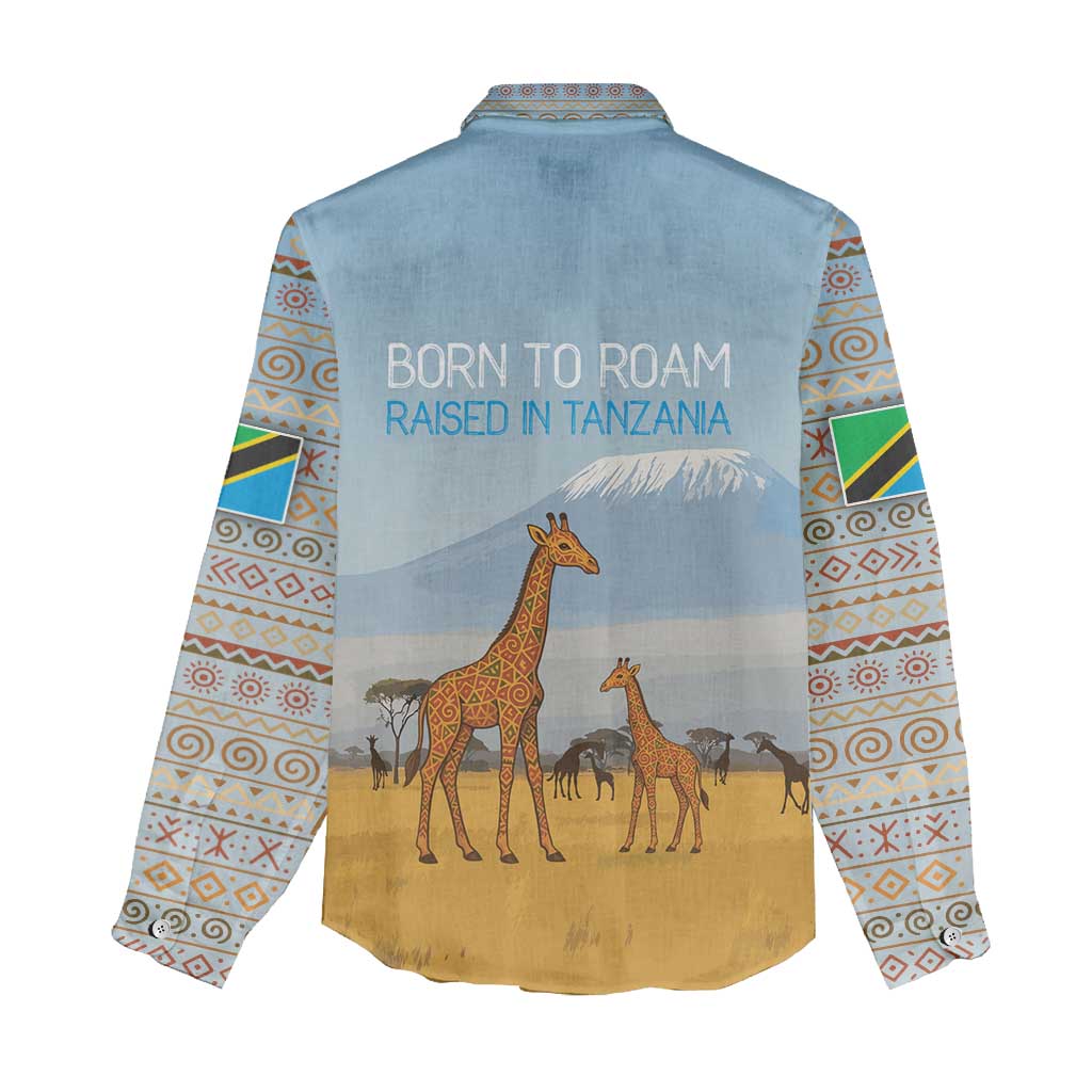 Tanzania Safari Giraffe Women Casual Shirt with Tribal Patterns and Mount Kilimanjaro Scene