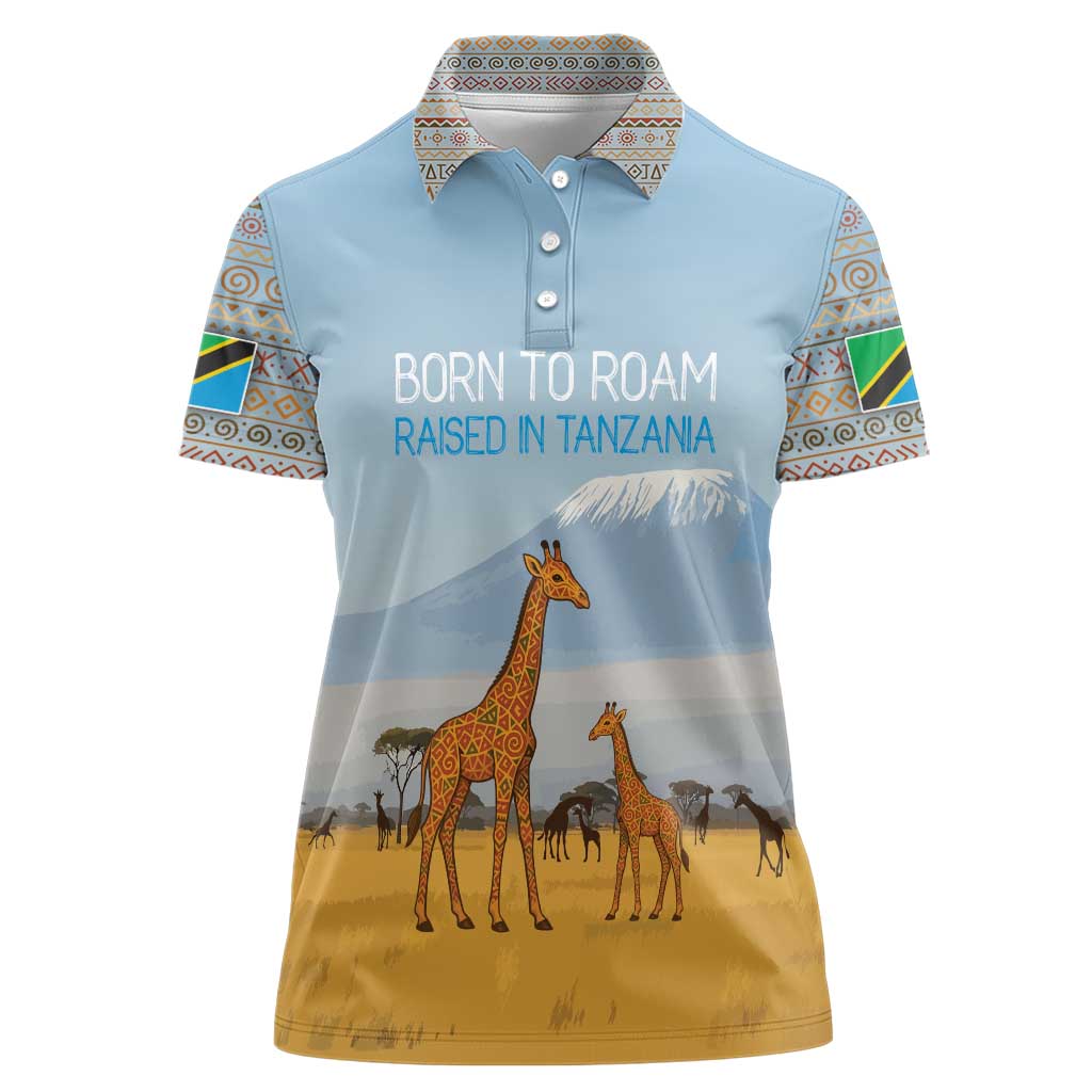 Tanzania Safari Giraffe Women Polo Shirt with Tribal Patterns and Mount Kilimanjaro Scene