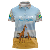 Tanzania Safari Giraffe Women Polo Shirt with Tribal Patterns and Mount Kilimanjaro Scene