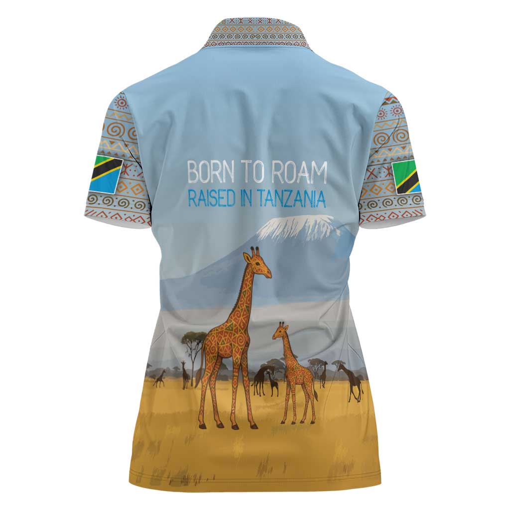 Tanzania Safari Giraffe Women Polo Shirt with Tribal Patterns and Mount Kilimanjaro Scene
