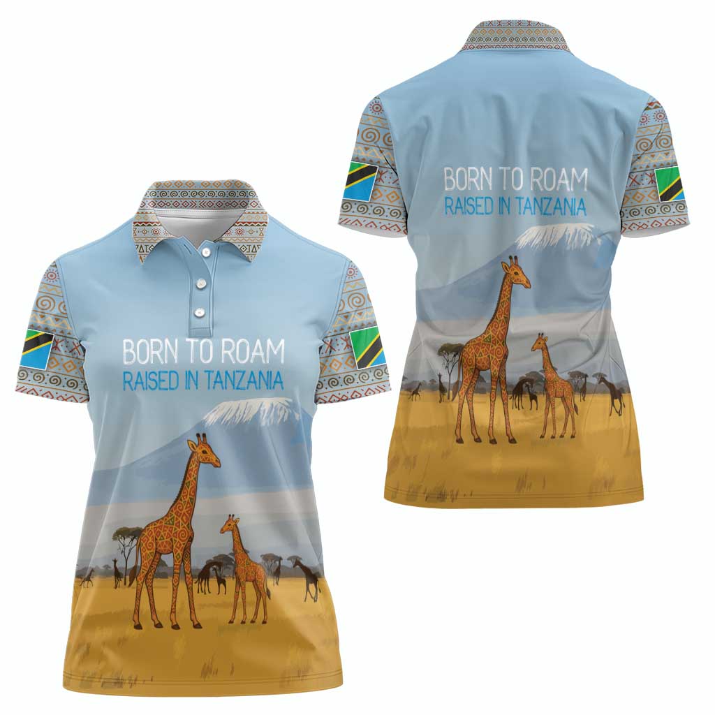 Tanzania Safari Giraffe Women Polo Shirt with Tribal Patterns and Mount Kilimanjaro Scene